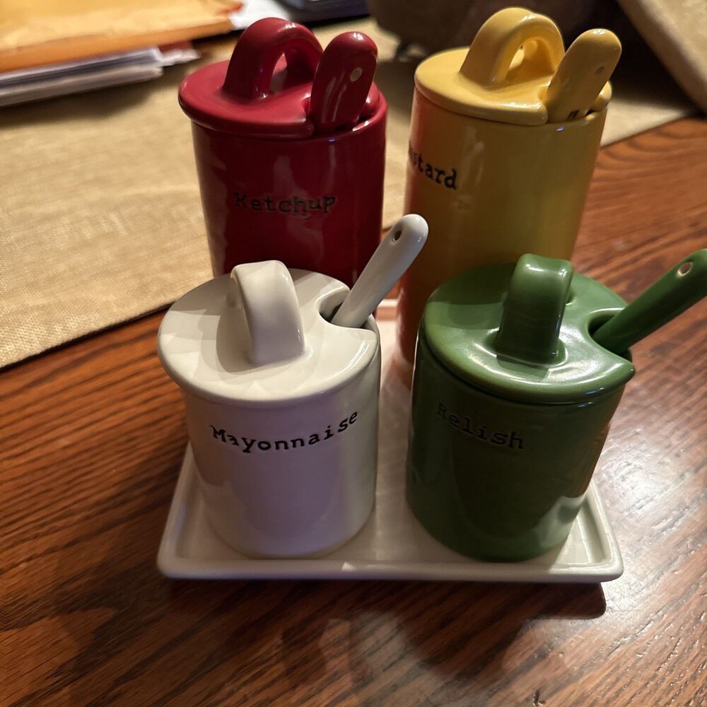 Pottery Barn BBQ Condiment Set with Tray - Ketchup Mustard Mayo Relish - RETIRED
